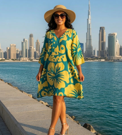 Tropical Hibiscus V-Neck Kaftan Dress