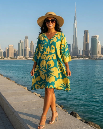Tropical Hibiscus V-Neck Kaftan Dress