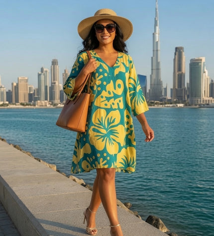 Tropical Hibiscus V-Neck Kaftan Dress