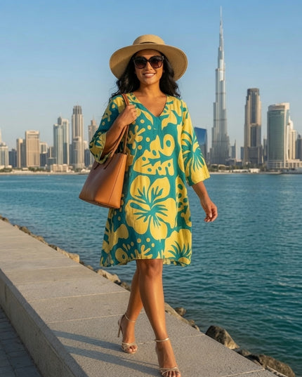 Tropical Hibiscus V-Neck Kaftan Dress