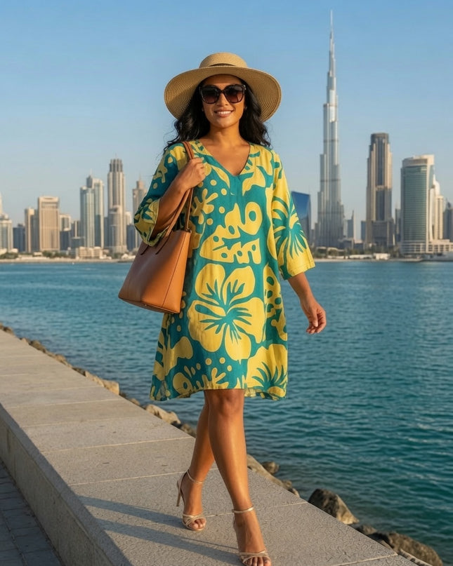 Tropical Hibiscus V-Neck Kaftan Dress