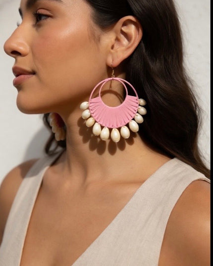 Pink Tribal Print Chiffon Maxi Dress with Statement Earrings & Hibiscus Pink Hair Flower.