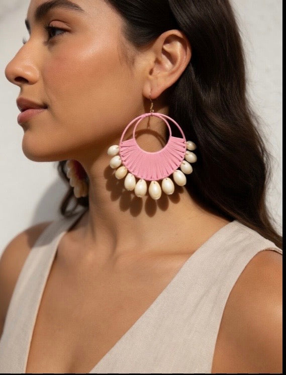 Pink Tribal Print Chiffon Maxi Dress with Statement Earrings & Hibiscus Pink Hair Flower.