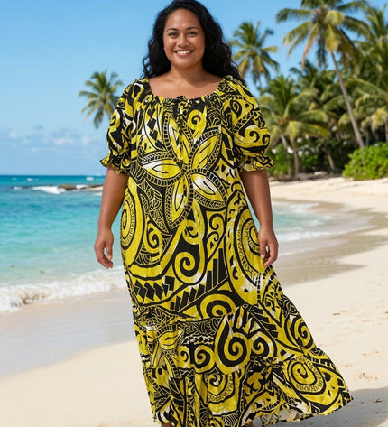 Golden Island Tapa Print Rayon Maxi Dress