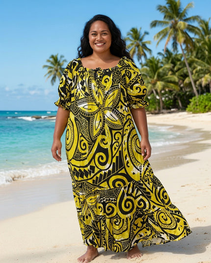 Golden Island Tapa Print Rayon Maxi Dress