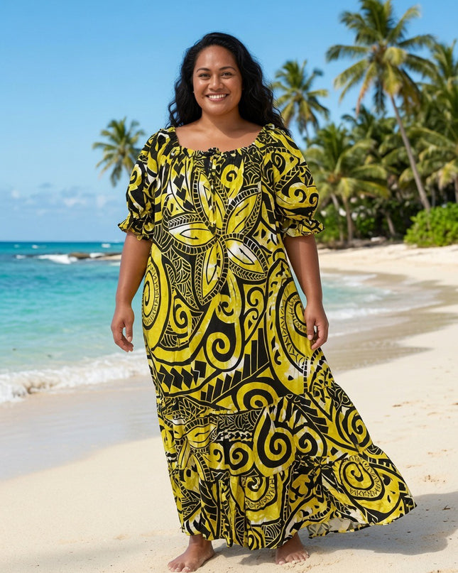 Golden Island Tapa Print Rayon Maxi Dress