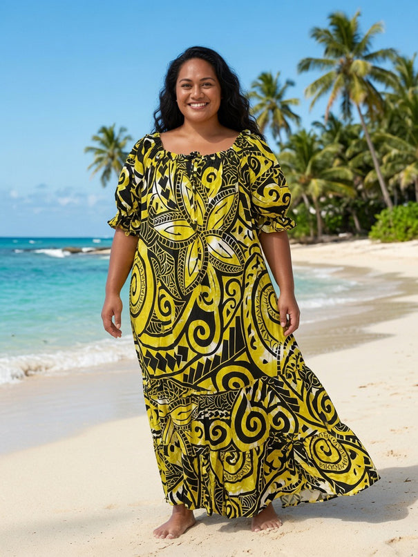 Golden Island Tapa Print Rayon Maxi Dress