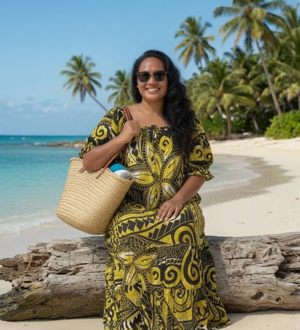 Golden Island Tapa Print Rayon Maxi Dress