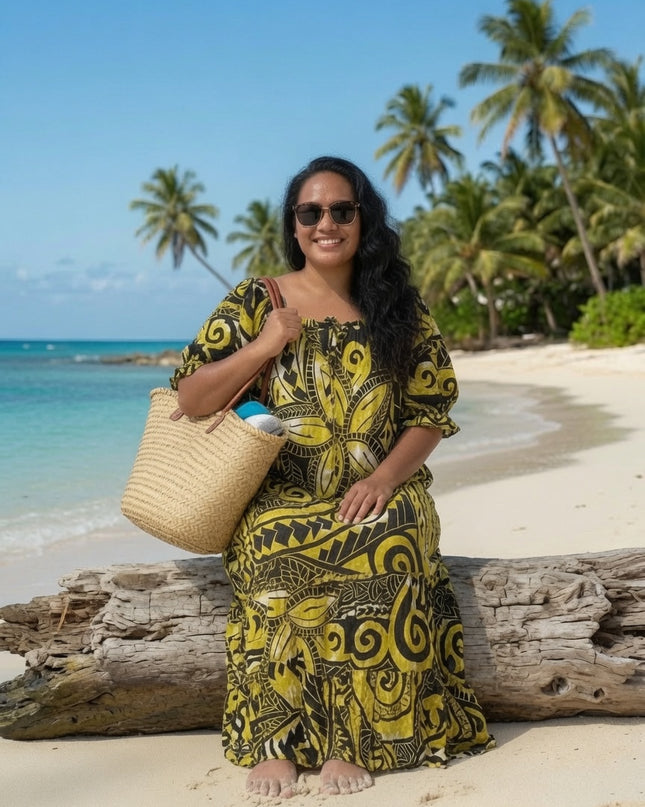 Golden Island Tapa Print Rayon Maxi Dress