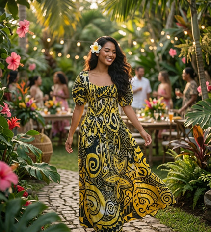 Golden Island Bloom Premium Rayon Maxi Dress