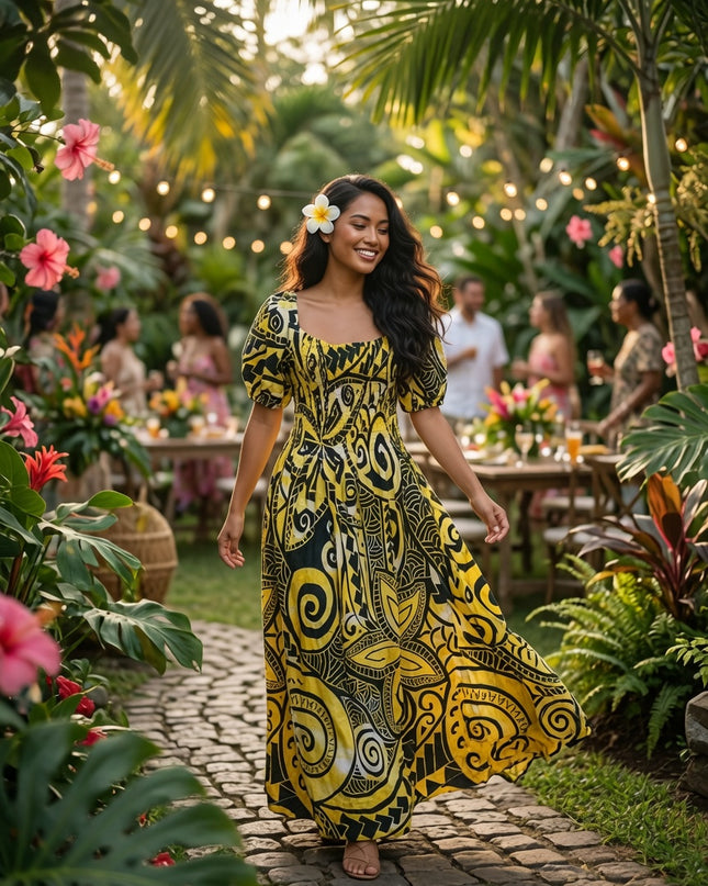 Golden Island Bloom Premium Rayon Maxi Dress