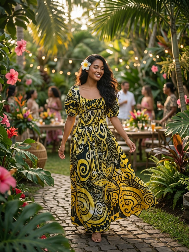 Golden Island Bloom Premium Rayon Maxi Dress
