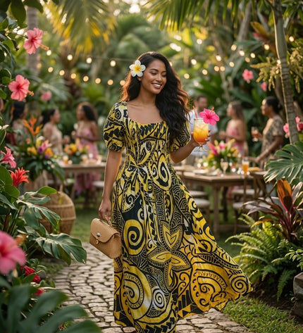Golden Island Bloom Premium Rayon Maxi Dress