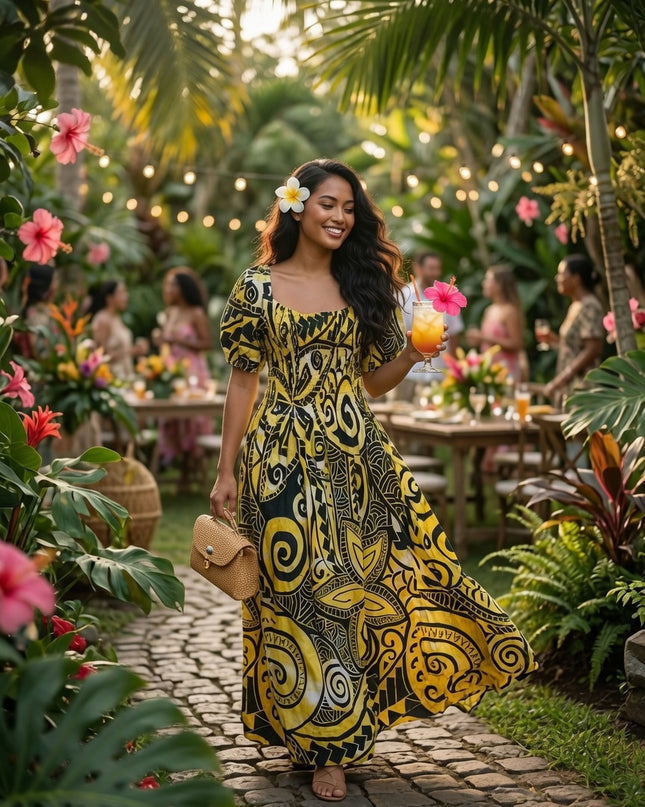 Golden Island Bloom Premium Rayon Maxi Dress