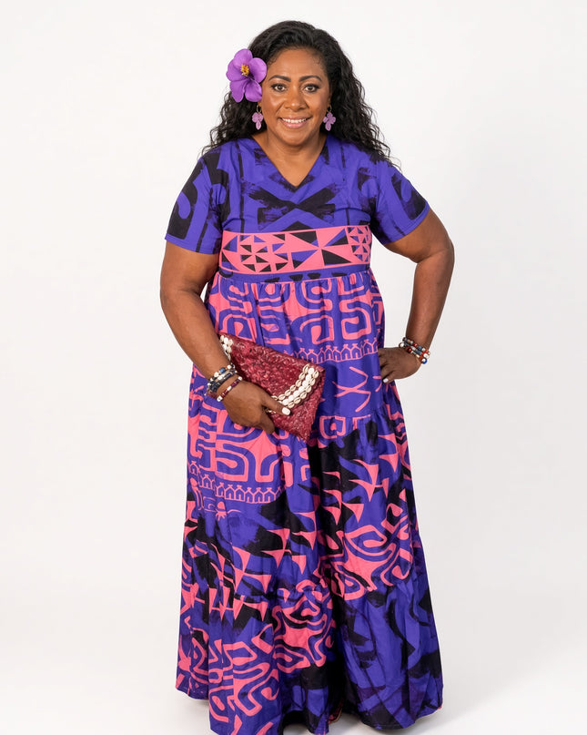 Tribal-Print Tiered Maxi Dress in Purple & Pink