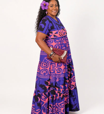 Tribal-Print Tiered Maxi Dress in Purple & Pink