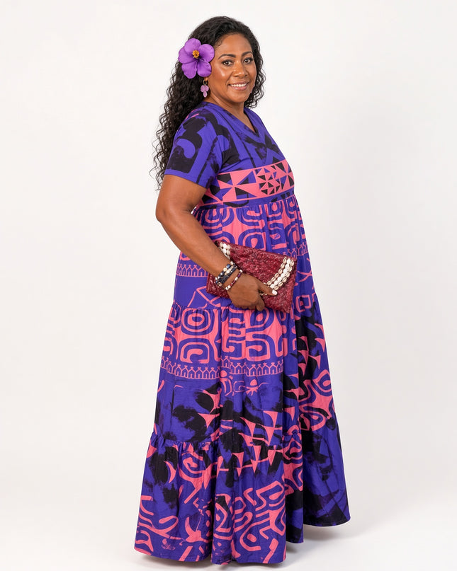 Tribal-Print Tiered Maxi Dress in Purple & Pink