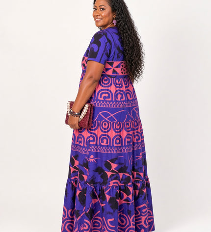 Tribal-Print Tiered Maxi Dress in Purple & Pink
