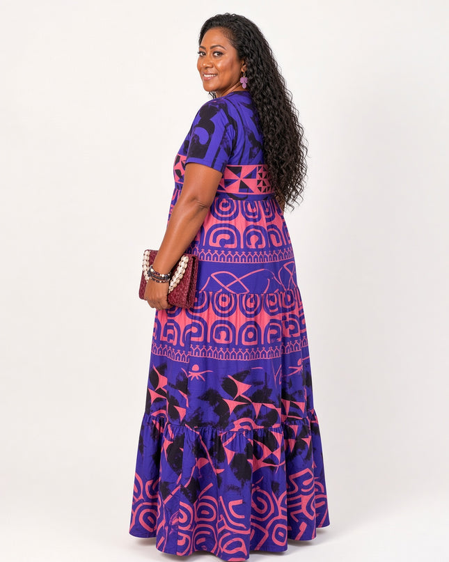 Tribal-Print Tiered Maxi Dress in Purple & Pink