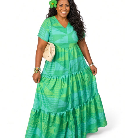 Tiered Green Maxi Dress/Short Sleeve V-Neck Geometric Print Dress
