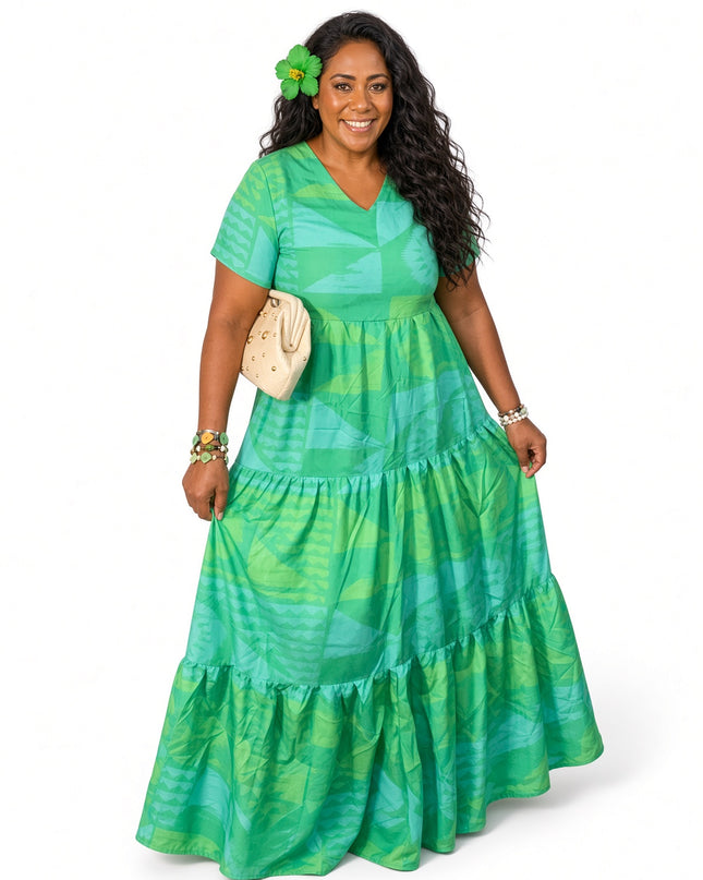Tiered Green Maxi Dress/Short Sleeve V-Neck Geometric Print Dress