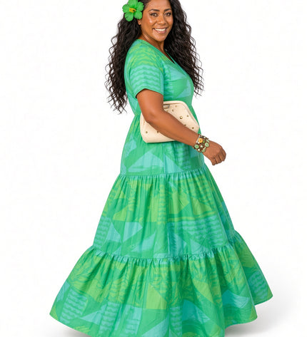 Tiered Green Maxi Dress/Short Sleeve V-Neck Geometric Print Dress