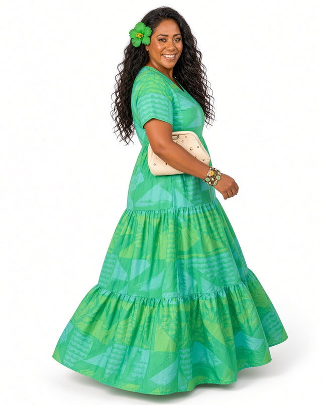 Tiered Green Maxi Dress/Short Sleeve V-Neck Geometric Print Dress
