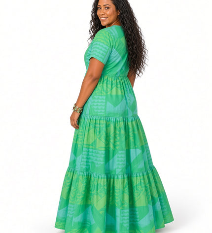 Tiered Green Maxi Dress/Short Sleeve V-Neck Geometric Print Dress