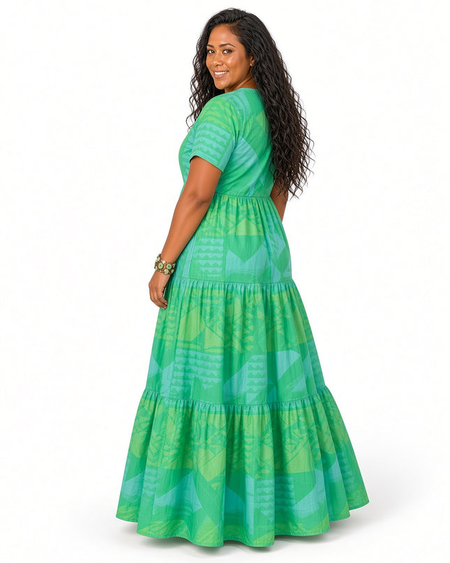 Tiered Green Maxi Dress/Short Sleeve V-Neck Geometric Print Dress