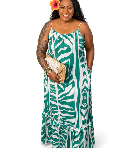 Green & White Zebra Print Maxi Dress Adjustable Strap Flowy Sundress