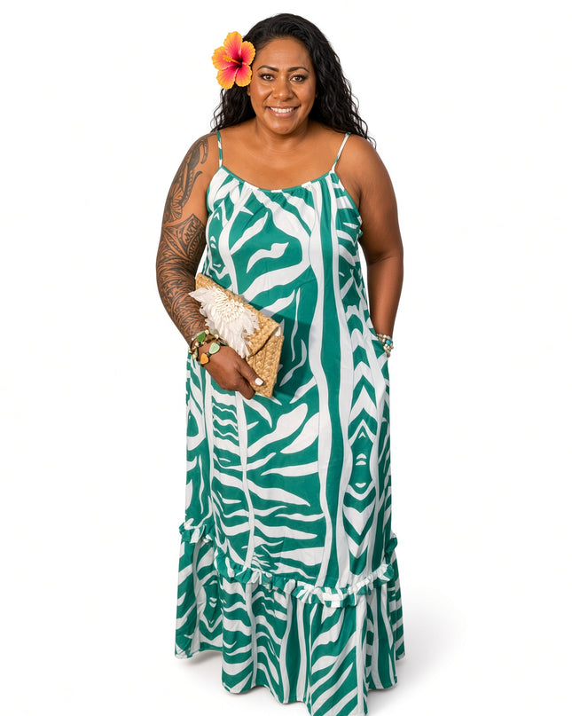 Green & White Zebra Print Maxi Dress Adjustable Strap Flowy Sundress