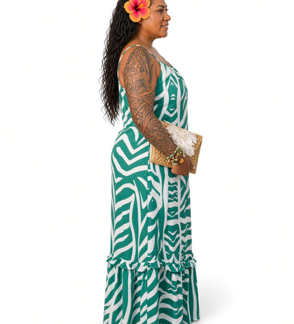 Green & White Zebra Print Maxi Dress Adjustable Strap Flowy Sundress