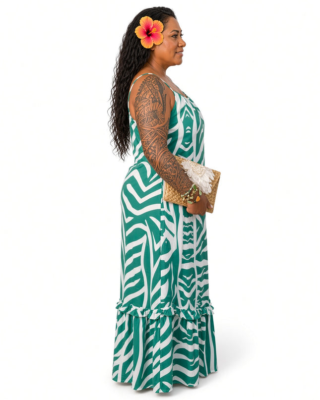 Green & White Zebra Print Maxi Dress Adjustable Strap Flowy Sundress