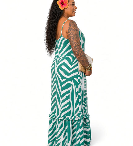 Green & White Zebra Print Maxi Dress Adjustable Strap Flowy Sundress