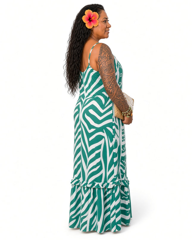 Green & White Zebra Print Maxi Dress Adjustable Strap Flowy Sundress
