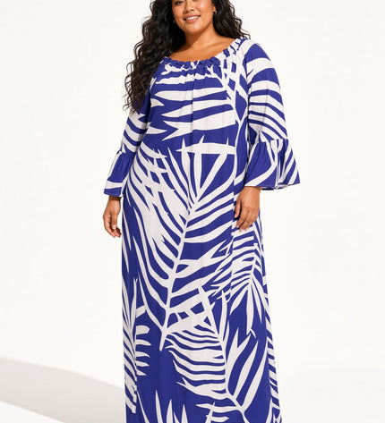 Royal Purple Fern Print Bell Sleeve Maxi Dress