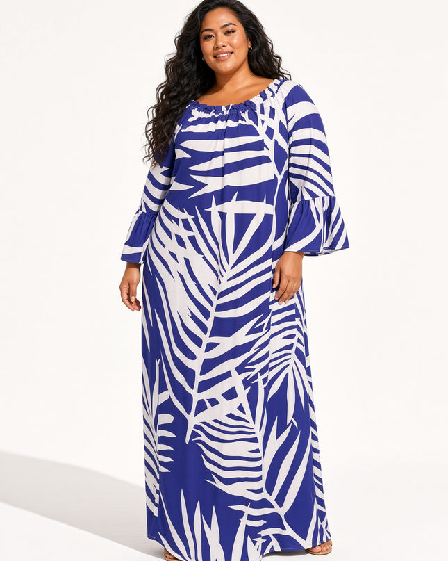 Royal Purple Fern Print Bell Sleeve Maxi Dress