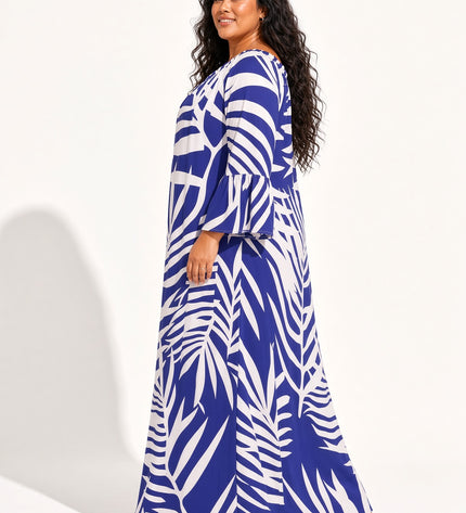 Royal Purple Fern Print Bell Sleeve Maxi Dress