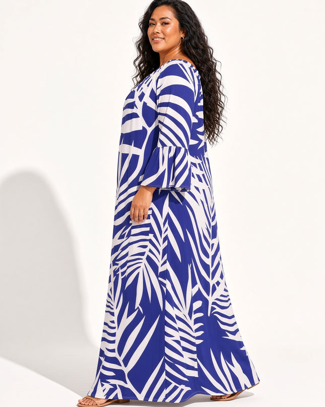 Royal Purple Fern Print Bell Sleeve Maxi Dress