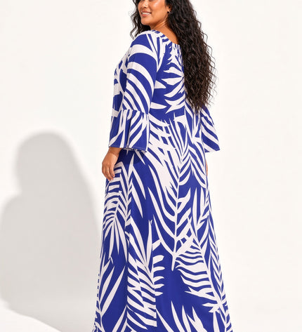 Royal Purple Fern Print Bell Sleeve Maxi Dress