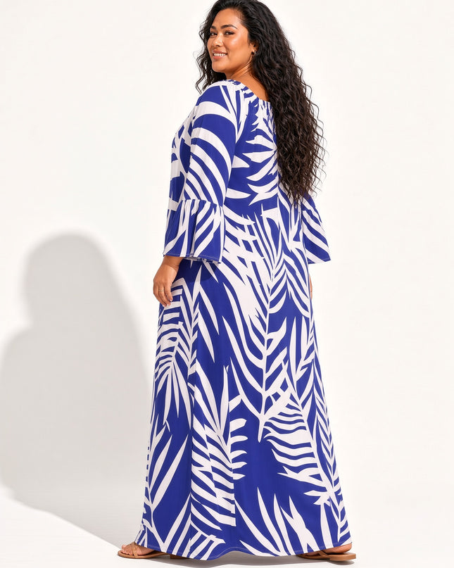 Royal Purple Fern Print Bell Sleeve Maxi Dress
