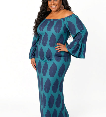 Shield Print Off-Shoulder Bell Sleeve Maxi Dress