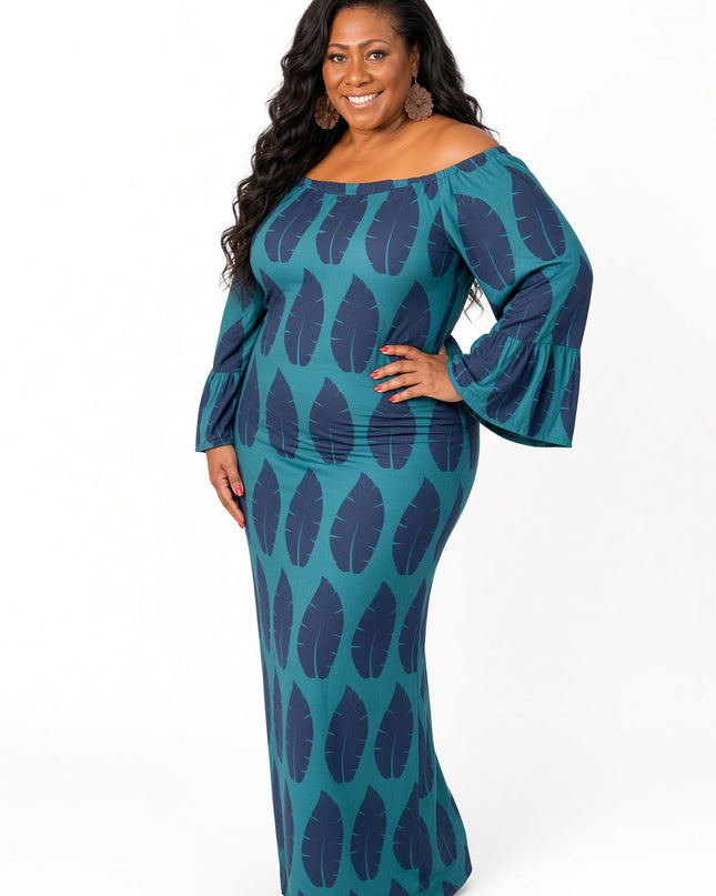 Shield Print Off-Shoulder Bell Sleeve Maxi Dress