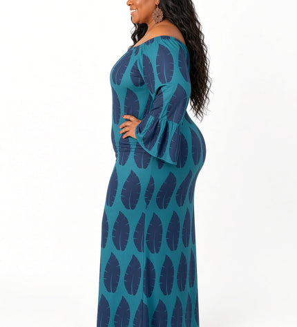 Shield Print Off-Shoulder Bell Sleeve Maxi Dress