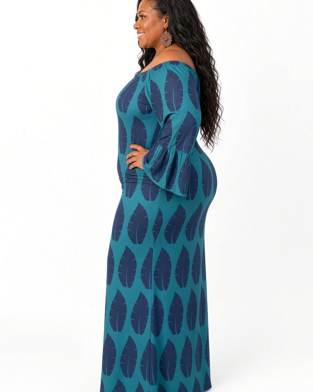 Shield Print Off-Shoulder Bell Sleeve Maxi Dress