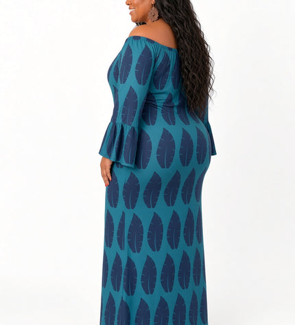 Shield Print Off-Shoulder Bell Sleeve Maxi Dress