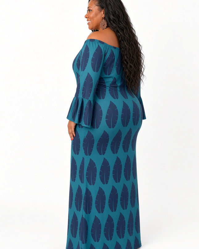 Shield Print Off-Shoulder Bell Sleeve Maxi Dress