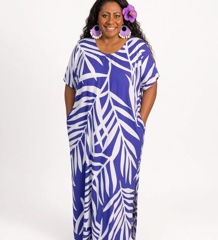 Purple Fern Print Short sleeves Maxi Dress with Pockets