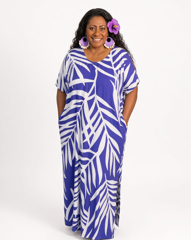Purple Fern Print Short sleeves Maxi Dress with Pockets