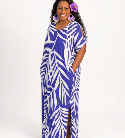 Purple Fern Print Short sleeves Maxi Dress with Pockets
